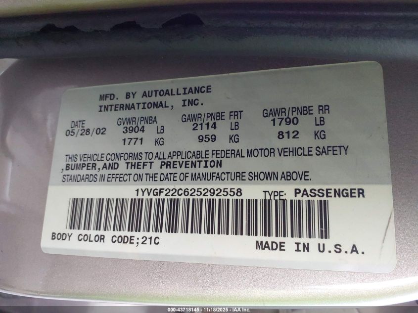 2002 Mazda 626 Lx VIN: 1YVGF22C625292558 Lot: 43718145
