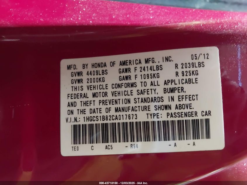 2012 Honda Accord 2.4 Ex-L VIN: 1HGCS1B82CA017673 Lot: 43718158