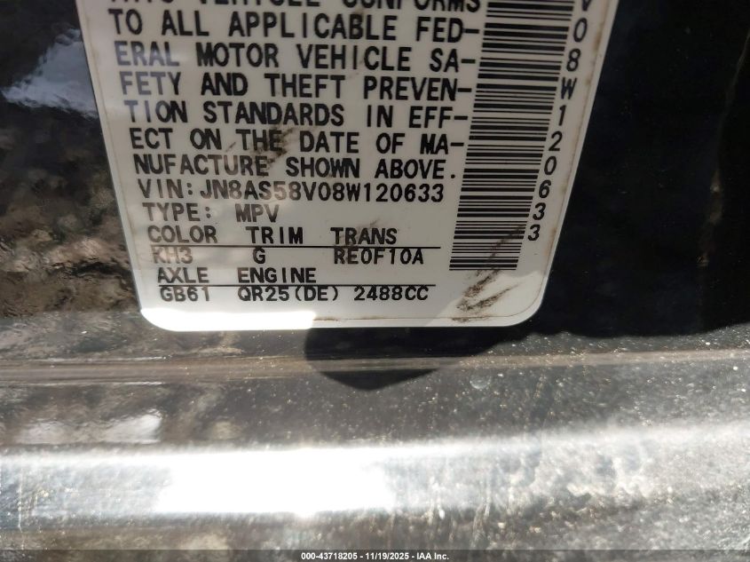 2008 Nissan Rogue Sl VIN: JN8AS58V08W120633 Lot: 43718205