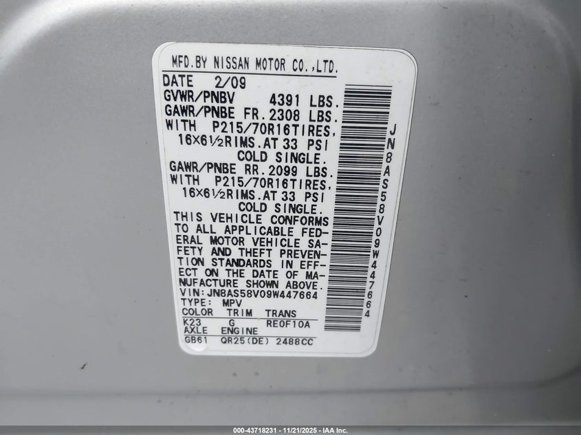 2009 Nissan Rogue S VIN: JN8AS58V09W447664 Lot: 43718231