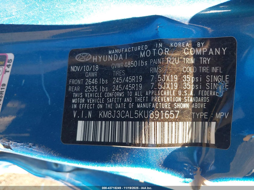 KM8J3CAL5KU891657 2019 HYUNDAI TUCSON photo no. 9