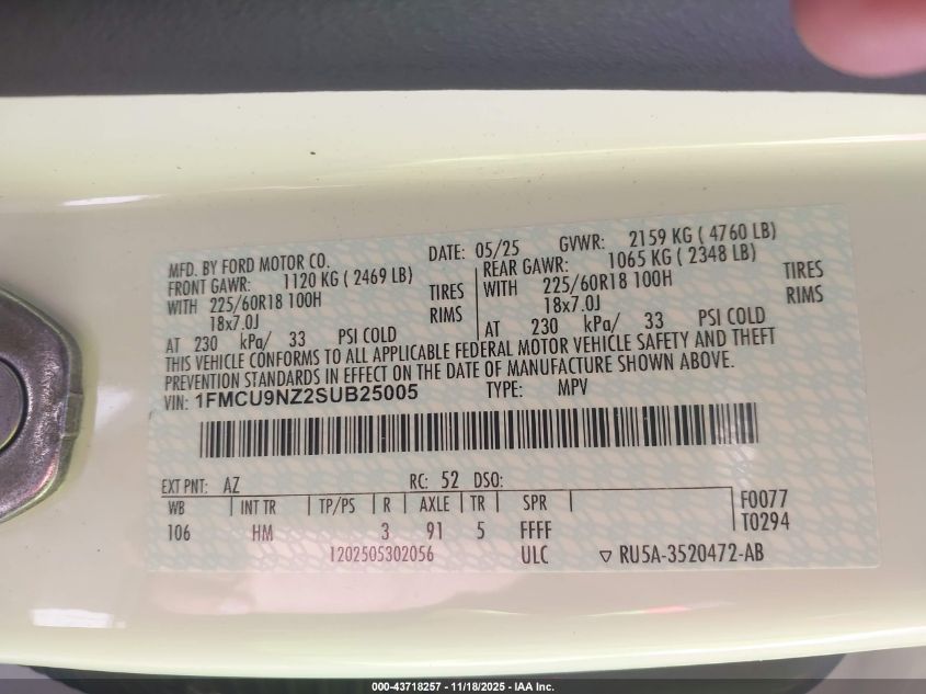 2025 Ford Escape St-Line Select VIN: 1FMCU9NZ2SUB25005 Lot: 43718257