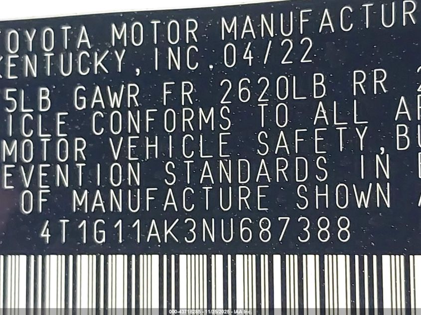 2022 Toyota Camry Se VIN: 4T1G11AK3NU687388 Lot: 43718285