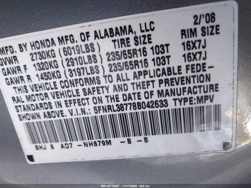 5FNRL38778B042633 2008 HONDA ODYSSEY photo no. 9