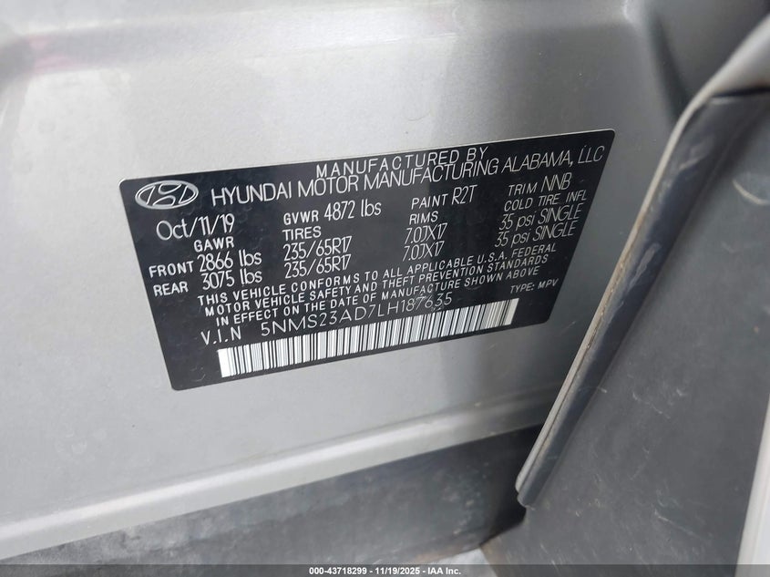 2020 Hyundai Santa Fe Se VIN: 5NMS23AD7LH187635 Lot: 43718299