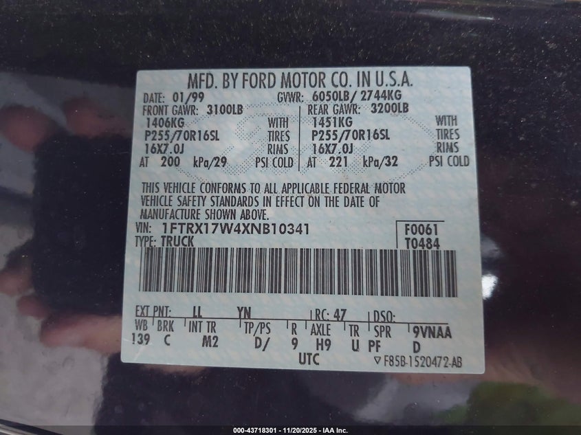 1999 Ford F-150 Lariat/Work Series/Xl/Xlt VIN: 1FTRX17W4XNB10341 Lot: 43718301