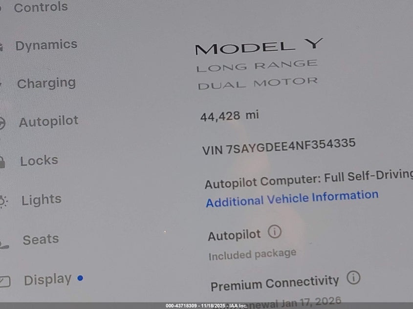 2022 Tesla Model Y Long Range Dual Motor All-Wheel Drive VIN: 7SAYGDEE4NF354335 Lot: 43718309