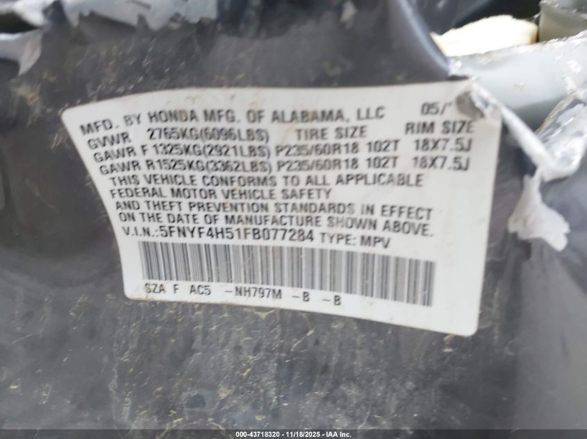 2015 Honda Pilot Ex-L VIN: 5FNYF4H51FB07728 Lot: 43718320