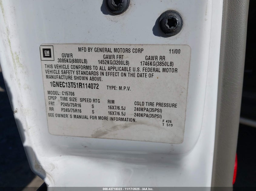 2001 Chevrolet Tahoe Ls VIN: 1GNEC13T51R114072 Lot: 43718323