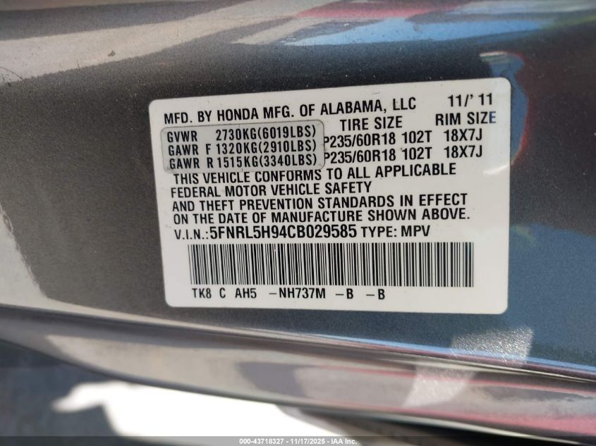2012 Honda Odyssey Touring/Touring Elite VIN: 5FNRL5H94CB029585 Lot: 43718327