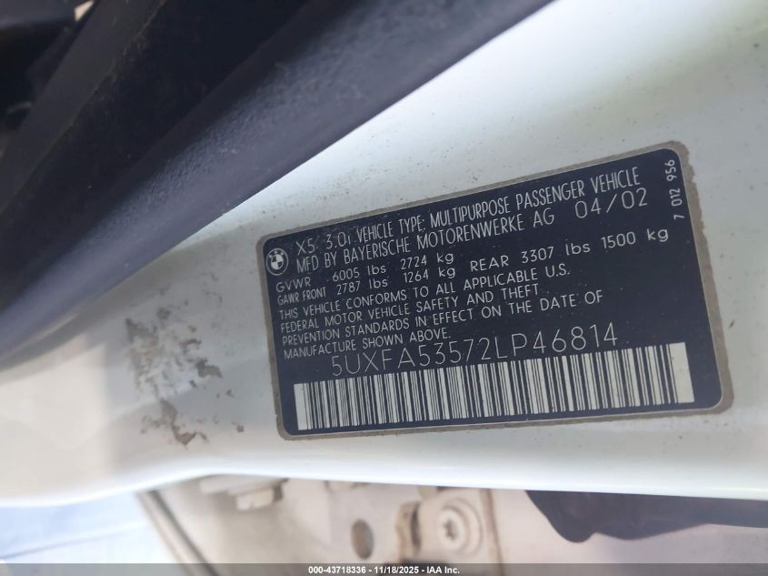 2002 BMW X5 3.0I VIN: 5UXFA53572LP46814 Lot: 43718336