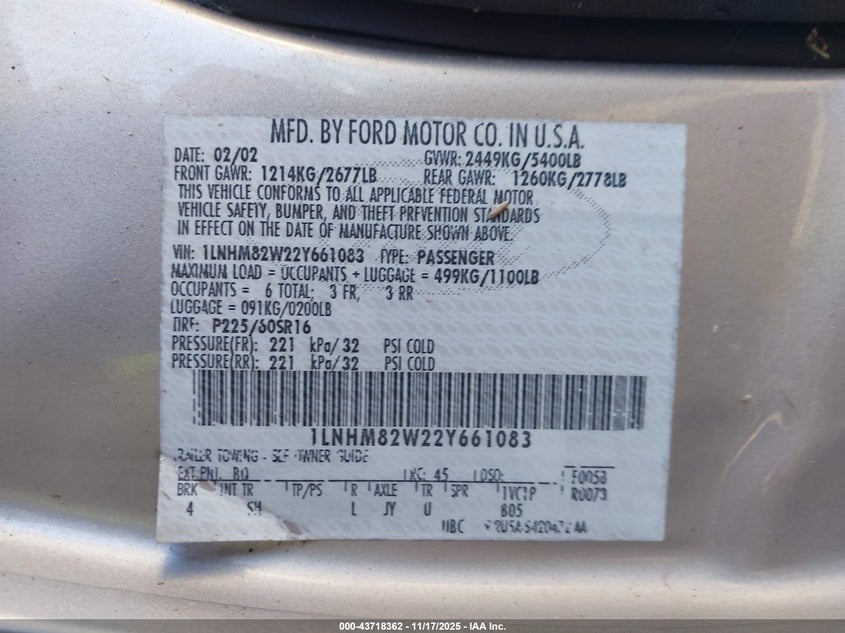 2002 Lincoln Town Car Signature VIN: 1LNHM82W22Y661083 Lot: 43718362