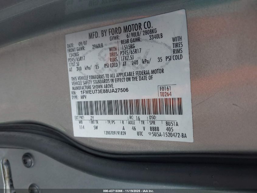 2008 Ford Explorer Xlt VIN: 1FMEU73E88UA27506 Lot: 43718366