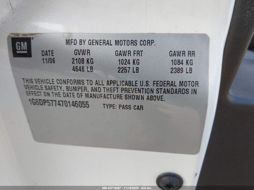 2007 Cadillac Cts Standard VIN: 1G6DP577470146055 Lot: 43718367