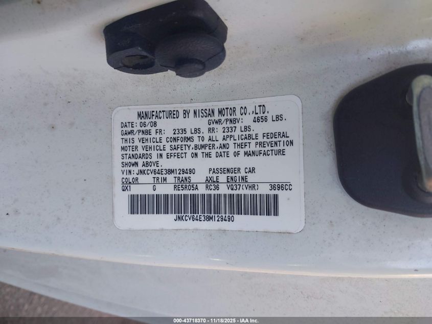 2008 Infiniti G37 Journey VIN: JNKCV64E38M129490 Lot: 43718370