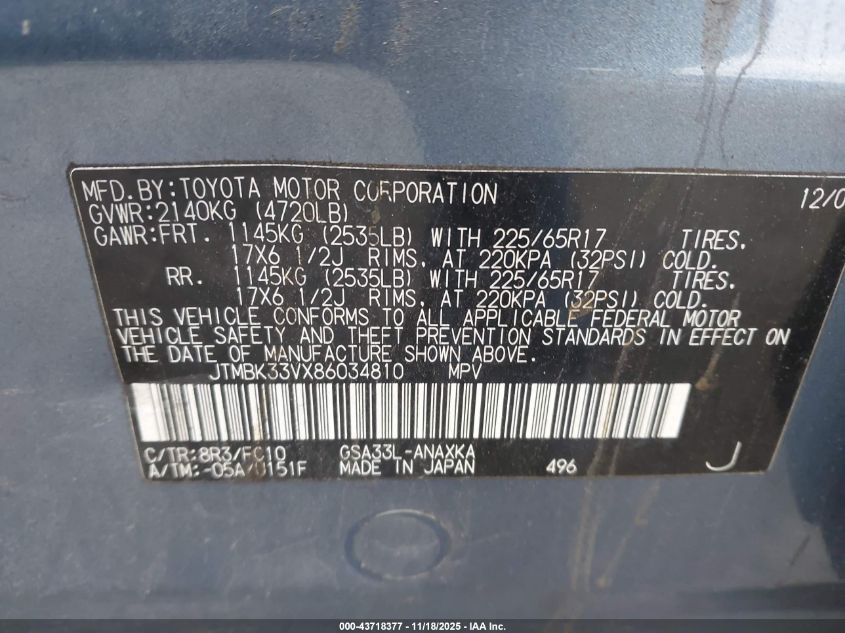 2008 Toyota Rav4 Base V6 VIN: JTMBK33VX86034810 Lot: 43718377