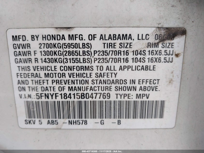 2005 Honda Pilot Ex VIN: 5FNYF18415B047769 Lot: 43718385