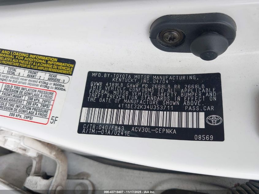 2004 Toyota Camry Le VIN: 4T1BE32K34U353711 Lot: 43718407