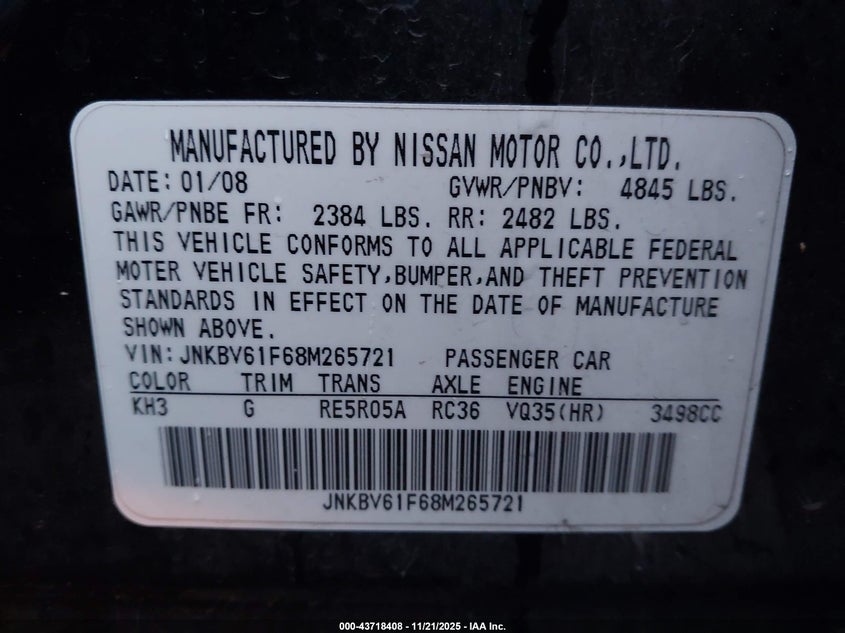 2008 Infiniti G35X VIN: JNKBV61F68M265721 Lot: 43718408