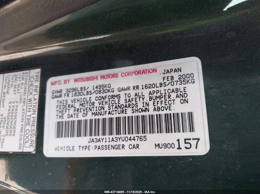 2000 Mitsubishi Mirage De VIN: JA3AY11A3YU044765 Lot: 43718409