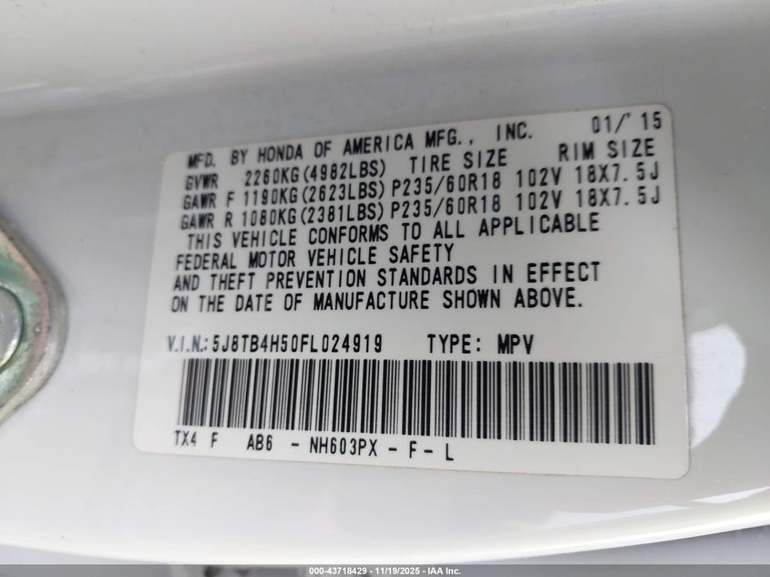 2015 Acura Rdx VIN: 5J8TB4H50FL024919 Lot: 43718429