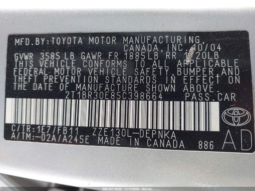 2005 Toyota Corolla Le VIN: 2T1BR30E85C398664 Lot: 43718428