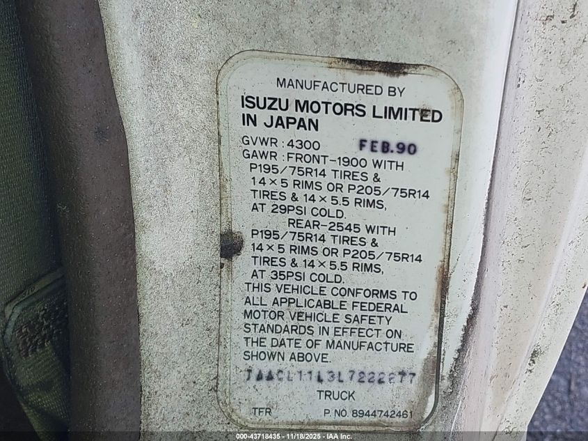 1990 Isuzu Conventional Short Bed VIN: JAACL11L3L7222277 Lot: 43718435