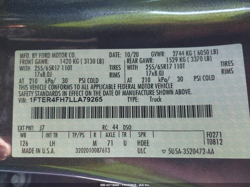 2020 Ford Ranger Xlt VIN: 1FTER4FH7LLA79265 Lot: 43718440