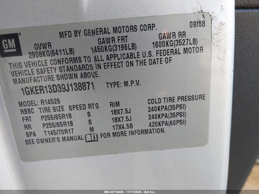 2009 GMC Acadia Sle-1 VIN: 1GKER13D39J138871 Lot: 43718445