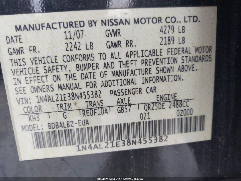 2008 Nissan Altima 2.5 S VIN: 1N4AL21E38N455382 Lot: 43718464