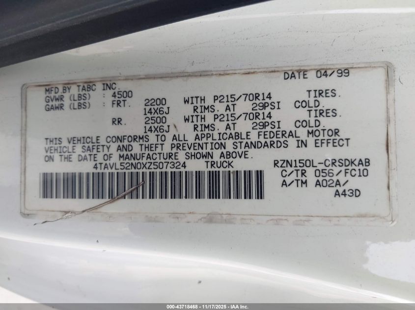 1999 Toyota Tacoma VIN: 4TAVL52N0XZ507324 Lot: 43718468