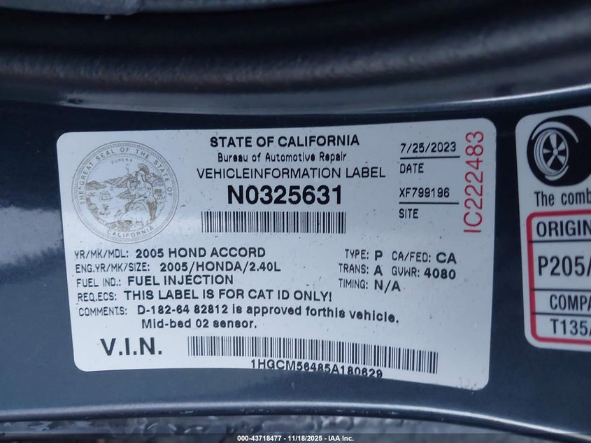 1HGCM56485A180629 2005 HONDA ACCORD photo no. 9