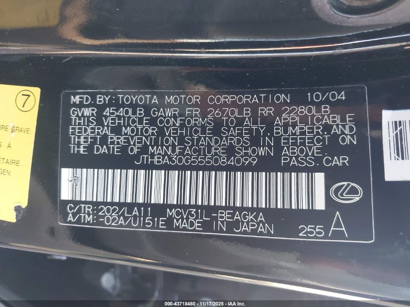 2005 Lexus Es 330 VIN: JTHBA30G555084099 Lot: 43718480