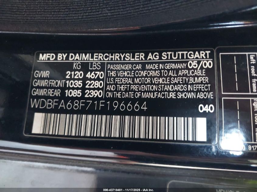 2001 Mercedes-Benz Sl 500 VIN: WDBFA68F71F196664 Lot: 43718481