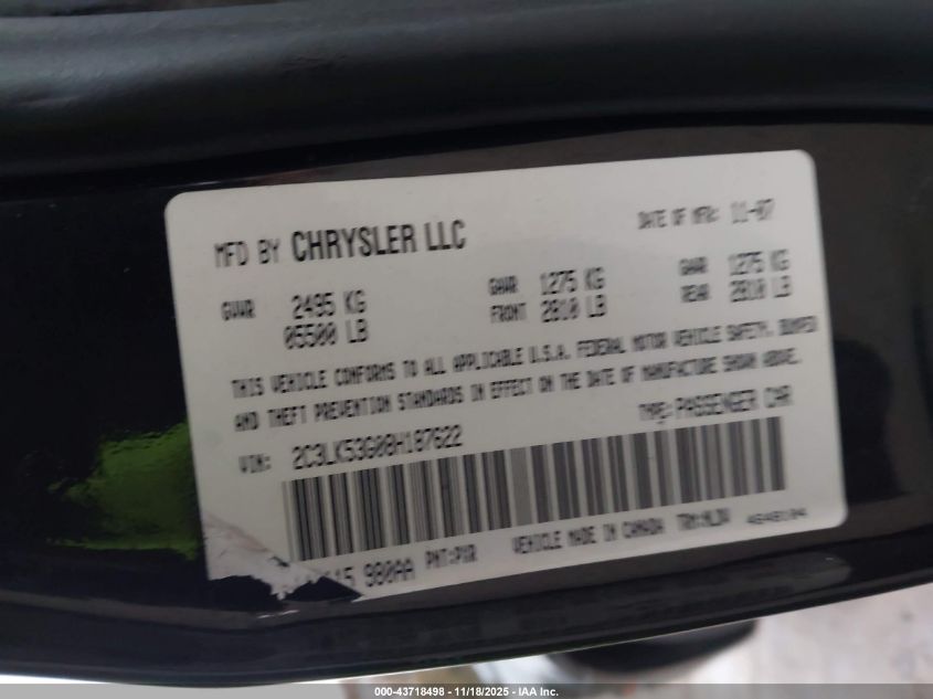 2008 Chrysler 300 Touring VIN: 2C3LK53G08H187622 Lot: 43718498