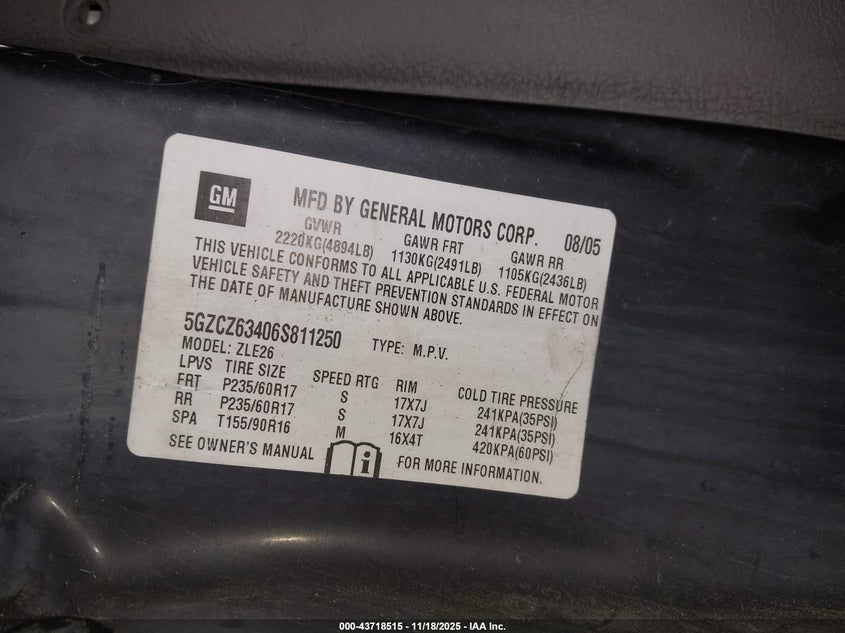 2006 Saturn Vue V6 VIN: 5GZCZ63406S811250 Lot: 43718515