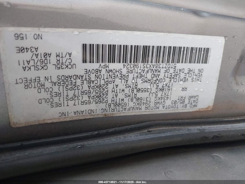 2003 Toyota Sequoia Limited V8 VIN: 5TDZT38AX3S190324 Lot: 43718521