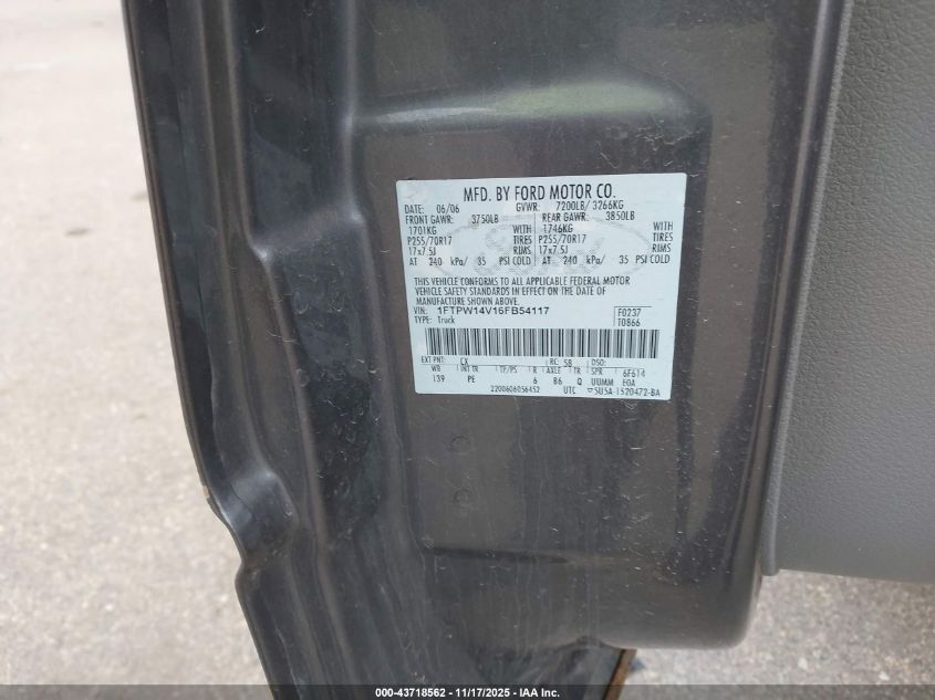 2006 Ford F-150 Fx4/Lariat/Xlt VIN: 1FTPW14V16FB54117 Lot: 43718562