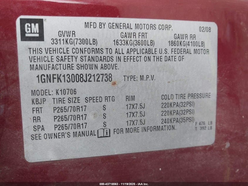 2008 Chevrolet Tahoe Lt VIN: 1GNFK13008J212738 Lot: 43718563