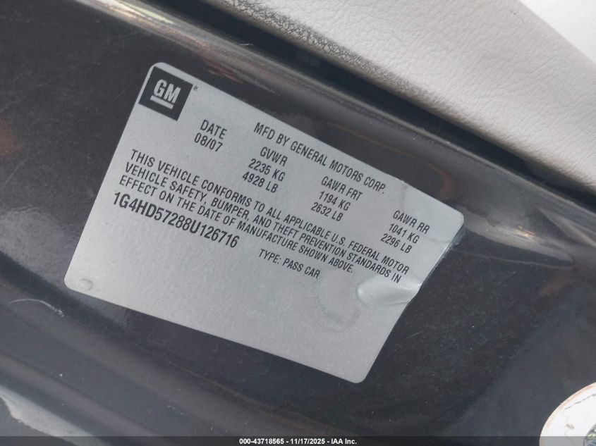 2008 Buick Lucerne Cxl VIN: 1G4HD57288U126716 Lot: 43718565