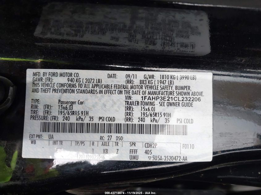 2012 Ford Focus VIN: 1FA8P3E21CL232206 Lot: 43718574