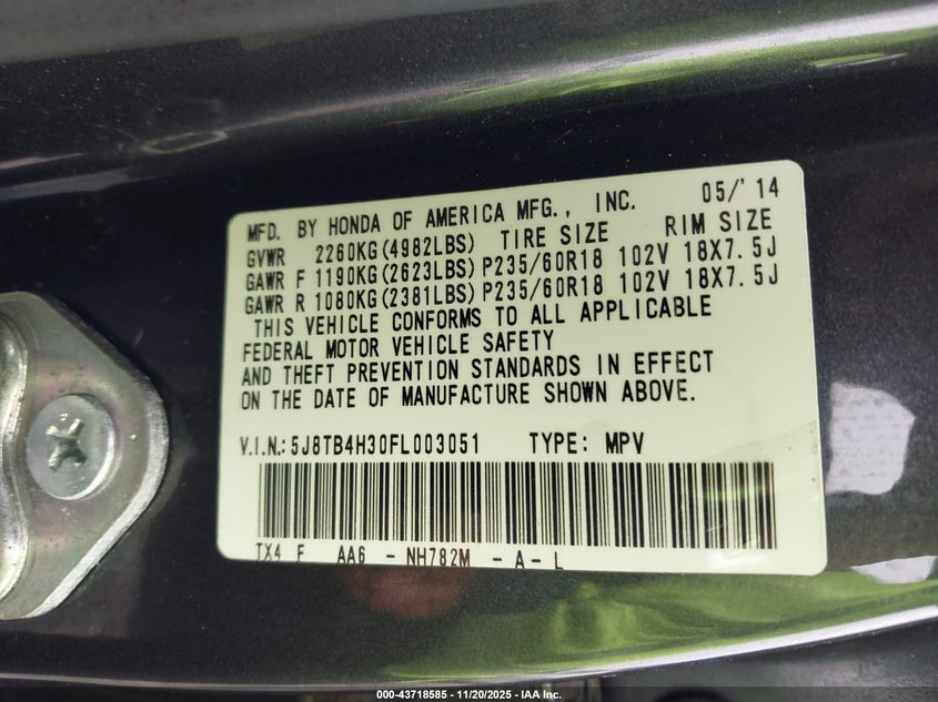 2015 Acura Rdx VIN: 5J8TB4H30FL003051 Lot: 43718585