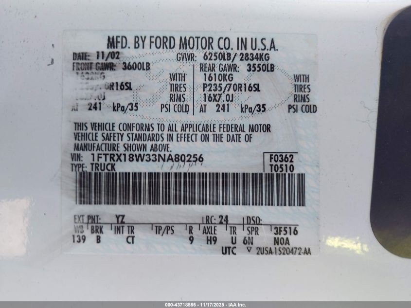 2003 Ford F150 VIN: 1FTRX18W33NA80256 Lot: 43718586