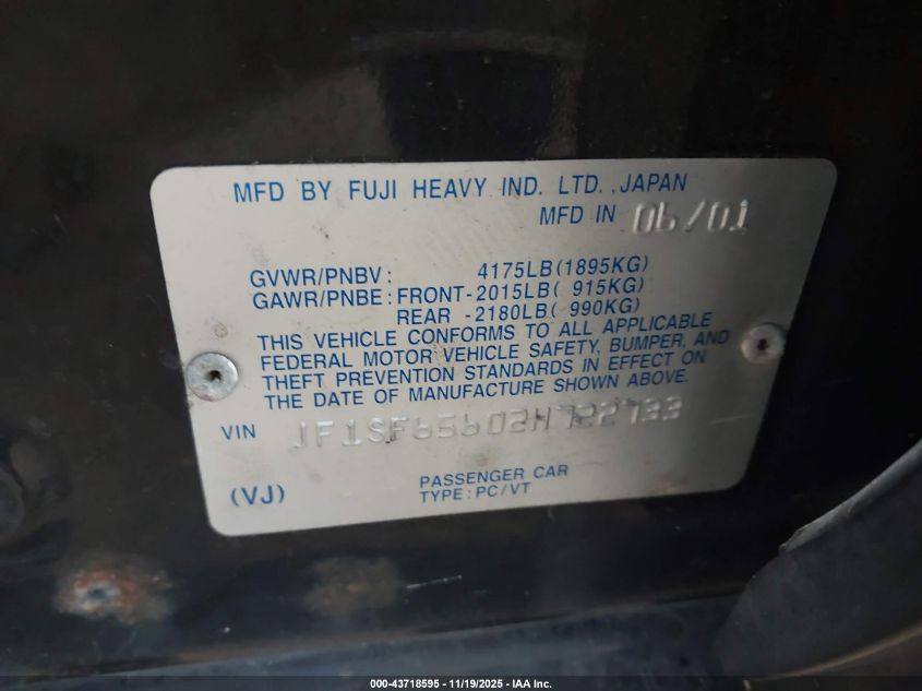 2002 Subaru Forester S VIN: JF1SF65602H722733 Lot: 43718595