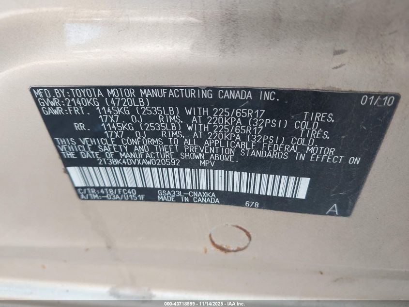 2010 Toyota Rav4 Base V6 VIN: 2T3BK4DVXAW020592 Lot: 43718599