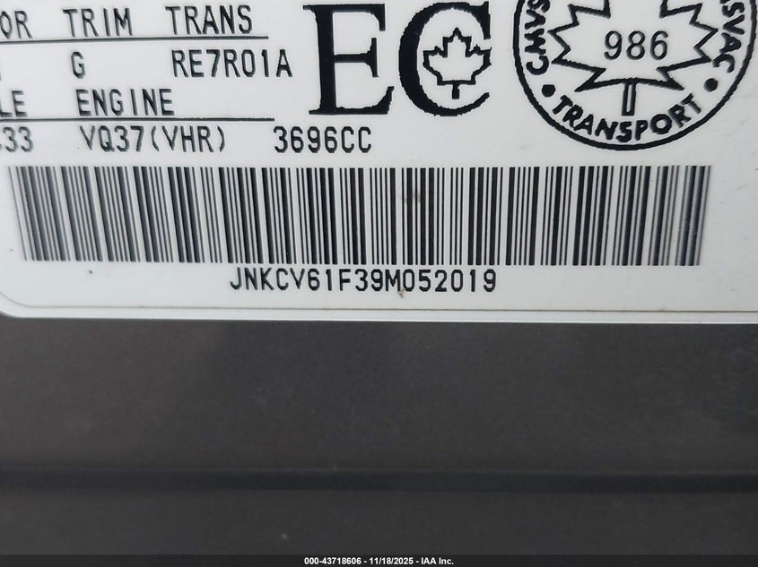 2009 Infiniti G37X VIN: JNKCV61F39M052019 Lot: 43718606