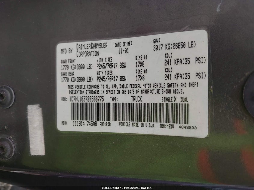 2002 Dodge Ram 1500 St VIN: 1D7HU18Z72S568775 Lot: 43718617