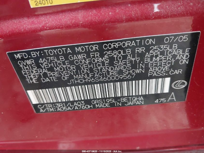 2006 Lexus Gs 300 VIN: JTHCH96S460009567 Lot: 43718620