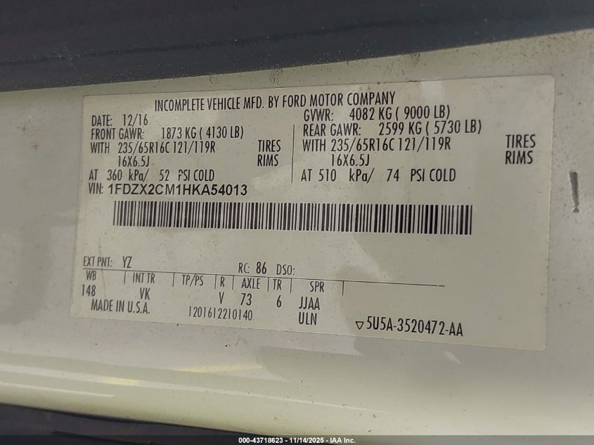 2017 Ford Transit-350 Xl VIN: 1FDZX2CM1HKA54013 Lot: 43718623