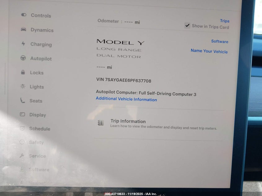 2023 Tesla Model Y Awd/Long Range Dual Motor All-Wheel Drive VIN: 7SAYGAEE6PF637708 Lot: 43718633